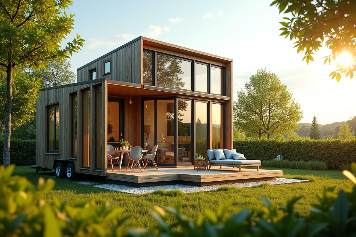 Maison tiny moderne en style scandinave dans un jardin verdoyant