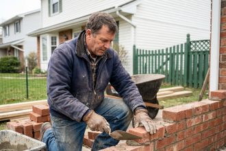 Maçon en pleine pose de briques sur une maison en construction