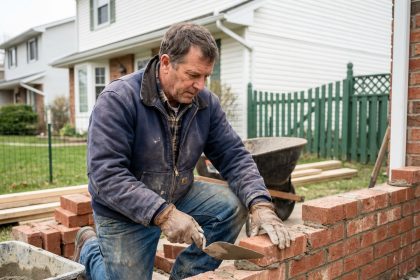 Maçon en pleine pose de briques sur une maison en construction