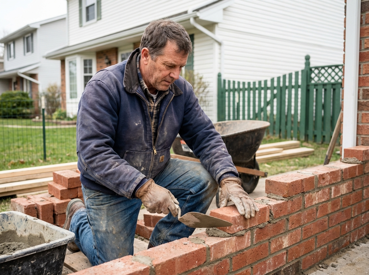 Maçon en pleine pose de briques sur une maison en construction