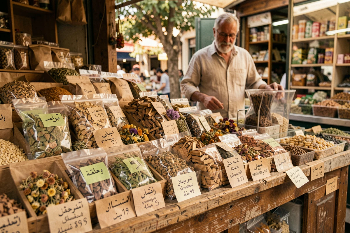 Étal de marché avec bakhour encens pas cher en sachets et résines, petits prix affichés, ambiance souk oriental authentique