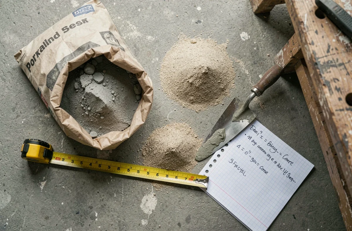 Matériaux nécessaires au calcul d'une chape béton : sac de ciment, sable, truelle et mesures