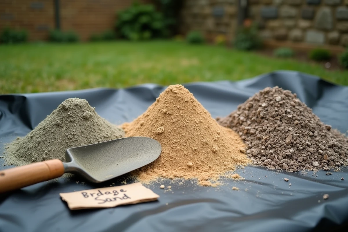 Gros plan des trois matériaux dosés pour béton fait main : ciment, sable et gravier disposés sur plastique noir