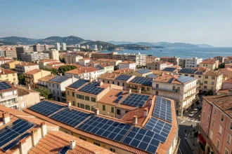 Vue aérienne de toits de maisons à Marseille équipés de panneaux solaires avec la mer Méditerranée en arrière-plan