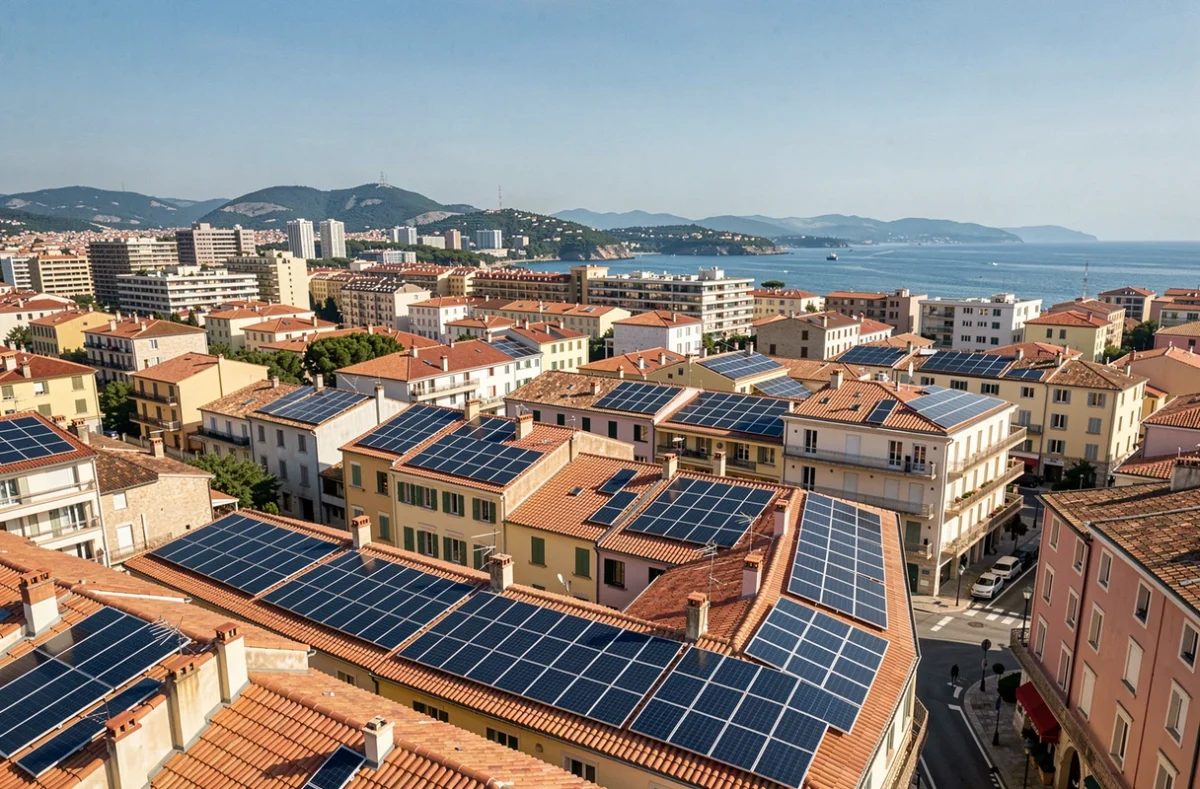 Vue aérienne de toits de maisons à Marseille équipés de panneaux solaires avec la mer Méditerranée en arrière-plan