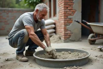 Homme mélangeant du béton à la main dans une auge métallique avec une pelle sur un chantier résidentiel extérieur