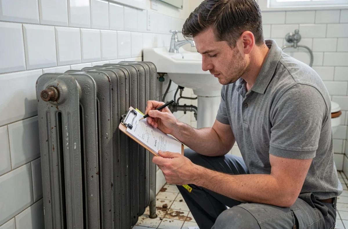 Artisan mesurant un radiateur en fonte avec un mètre ruban dans une salle de bain, évaluation du poids et des dimensions avant installation