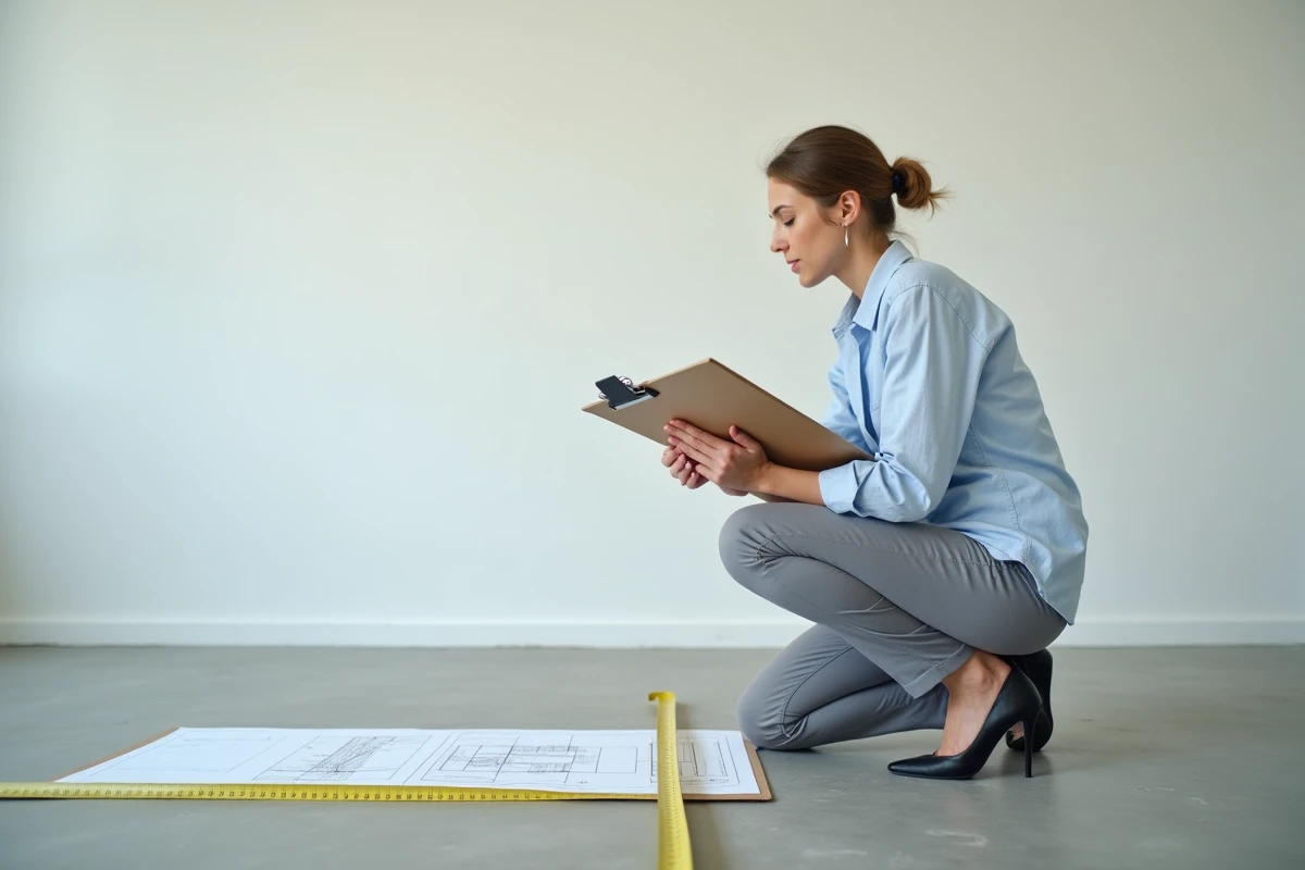 Architecte d'intérieur mesurant les dimensions d'une chambre vide avec un mètre-ruban pour vérifier les normes de superficie