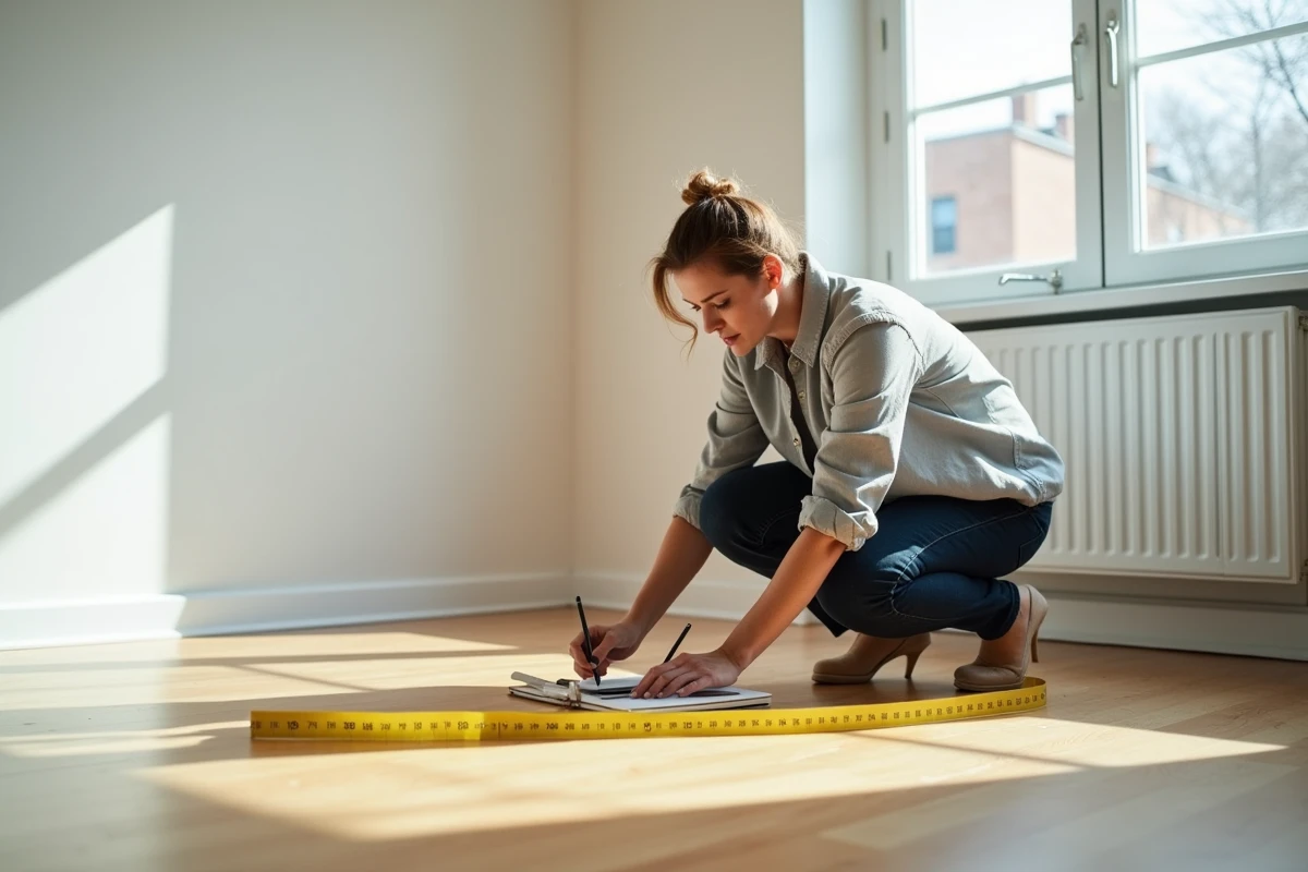 Femme mesurant la superficie d'une pièce vide avec un mètre ruban jaune sur parquet en bois