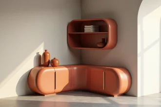 Meuble d'angle moderne aux formes organiques en laque terracotta mate avec poignées en laiton dans un salon contemporain