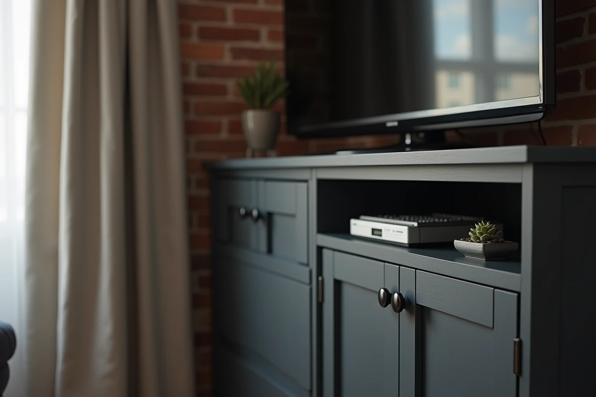 Gros plan sur un meuble d'angle TV gris anthracite avec rangements fermés dans un appartement compact