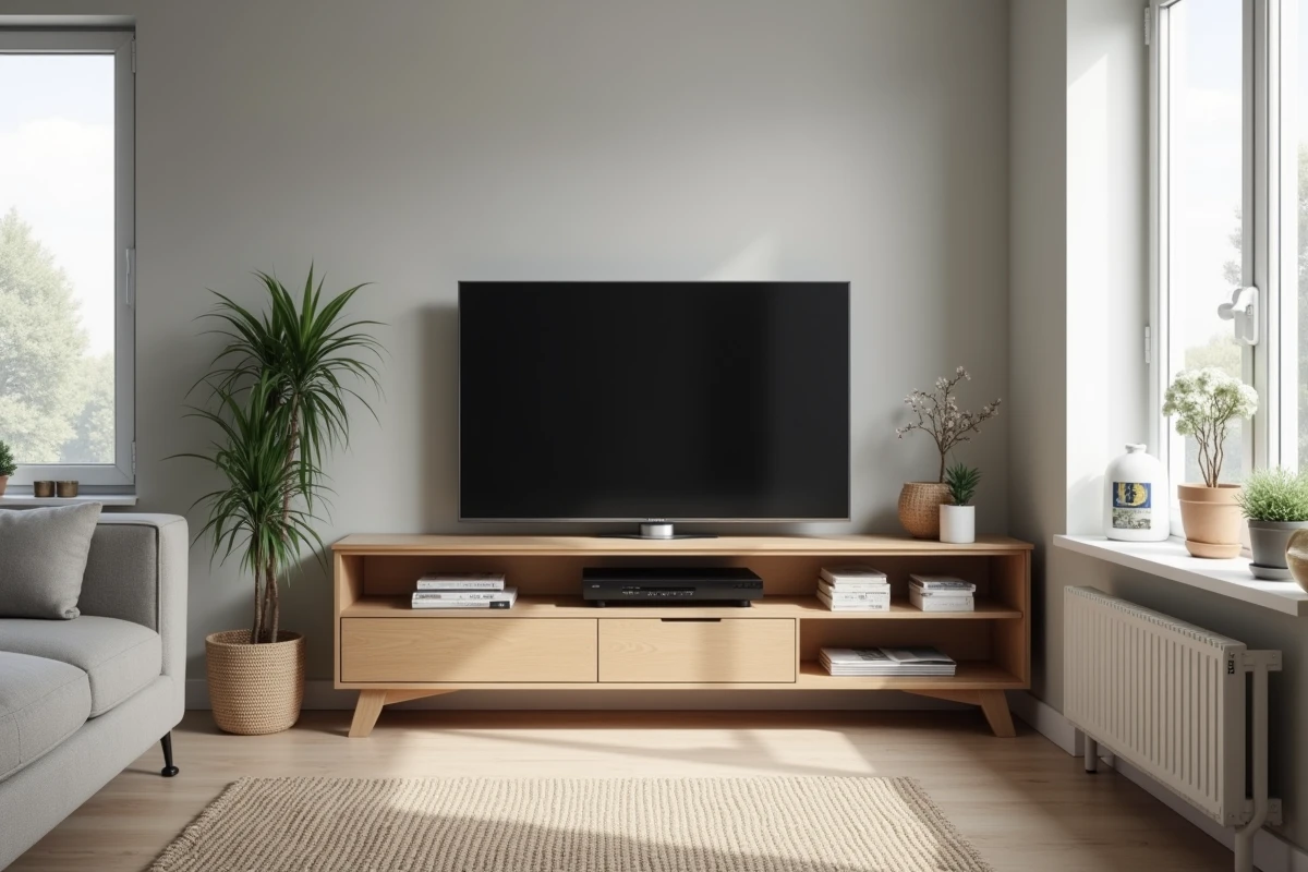 Meuble TV d'angle en bois clair dans un petit salon optimisé avec étagères ouvertes et télévision murale