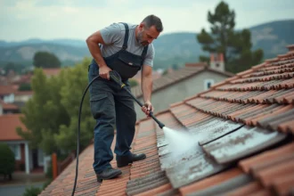 Homme professionnel nettoyant un toit en tuiles avec un nettoyeur pression