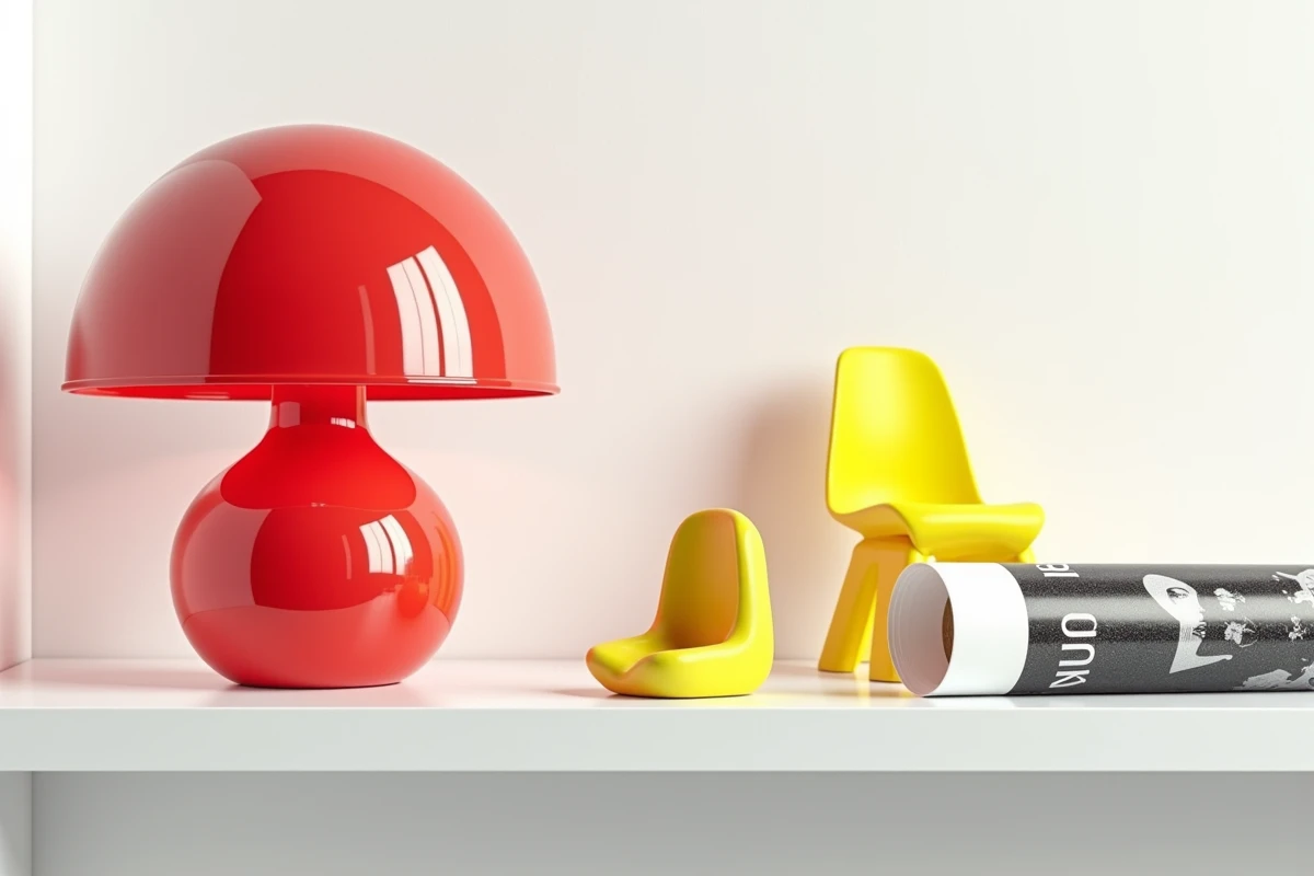Lampe bulle rouge, affiche graphique et chaise Panton jaune sur étagère blanche dans un intérieur pop design