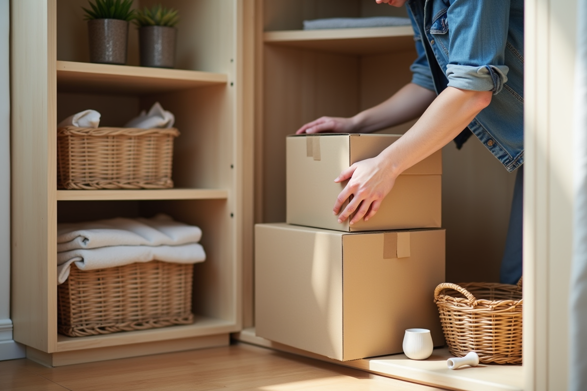 Personne arrange des cartons dans un placard lumineux