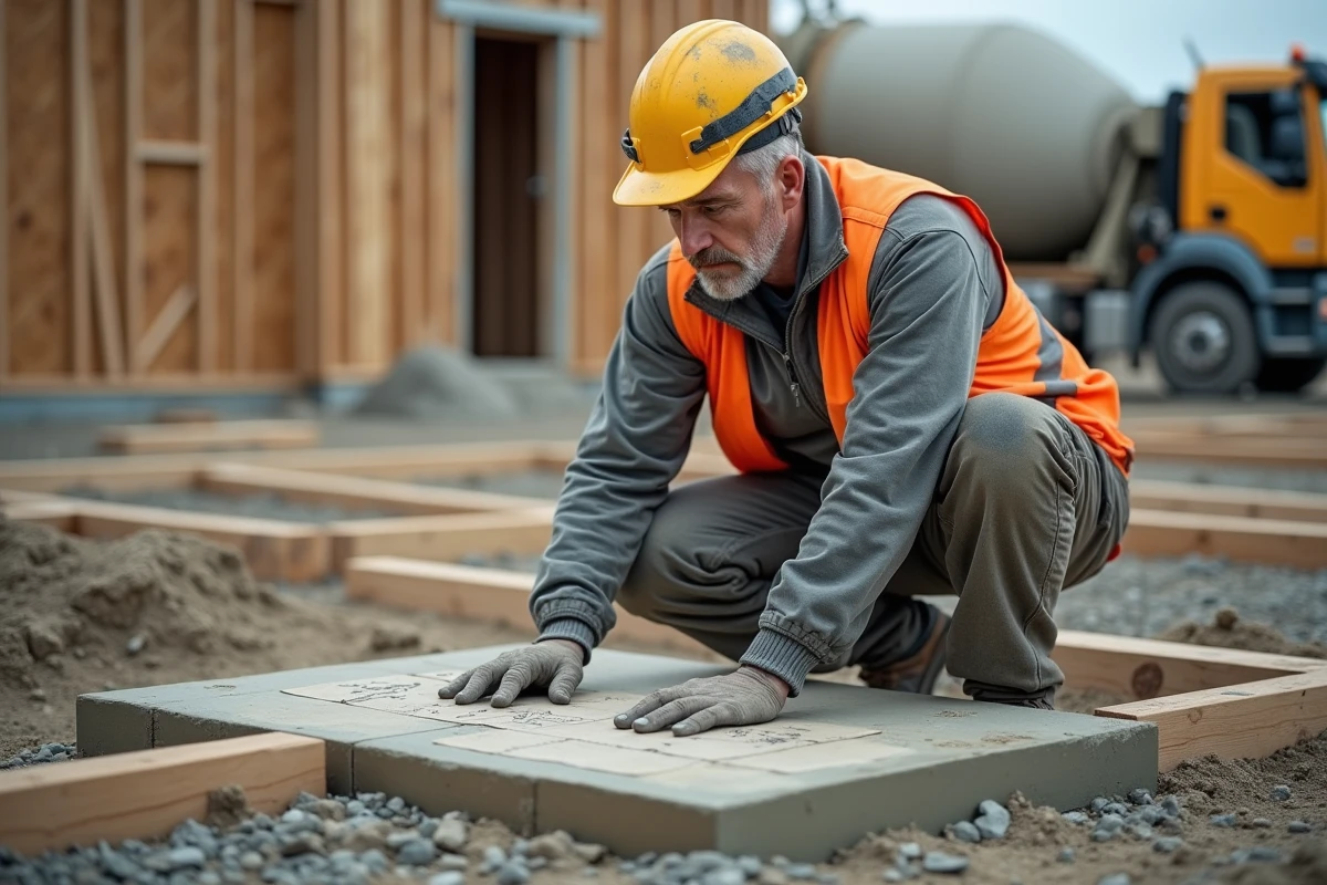 Ouvrier de chantier calculant les mesures d'une dalle en béton sur un chantier extérieur