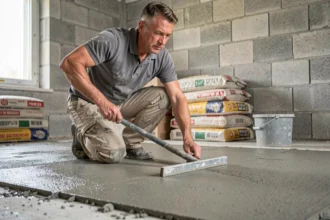 Ouvrier étalant une chape de béton de 5 cm dans une pièce en construction avec une règle de maçon