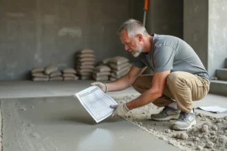 Ouvrier consultant un tableau de dosage chape maigre sur un chantier de construction intérieur