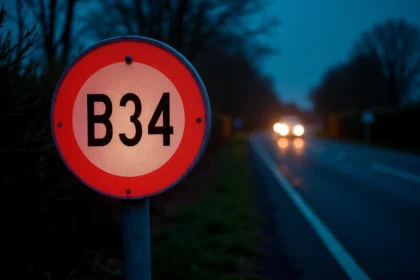 Panneau B34 rétroréfléchissant installé sur poteau en bord de route de nuit, visibilité optimale en milieu rural