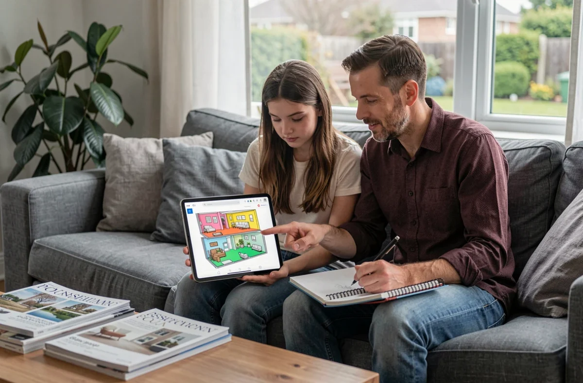 Père et fille consultant ensemble un plan 3D sur tablette pour planifier l'aménagement intérieur de leur maison