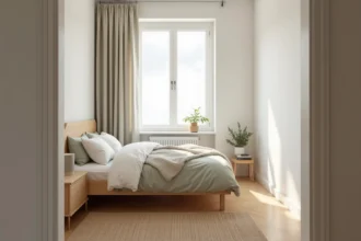 Petite chambre sombre repeinte en blanc cassé greige avec literie en lin ivoire et parquet en chêne clair