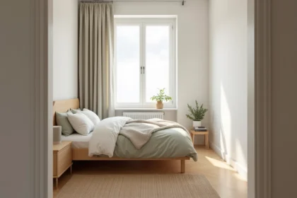 Petite chambre sombre repeinte en blanc cassé greige avec literie en lin ivoire et parquet en chêne clair