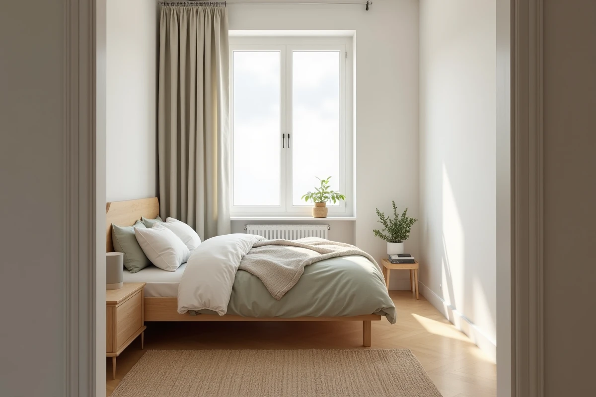 Petite chambre sombre repeinte en blanc cassé greige avec literie en lin ivoire et parquet en chêne clair
