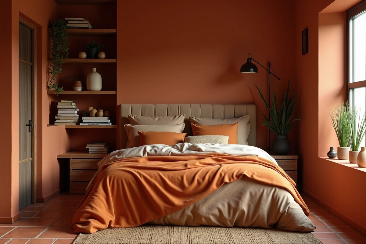 Chambre étroite aux murs terracotta avec tête de lit en velours caramel et étagères en bois intégrées