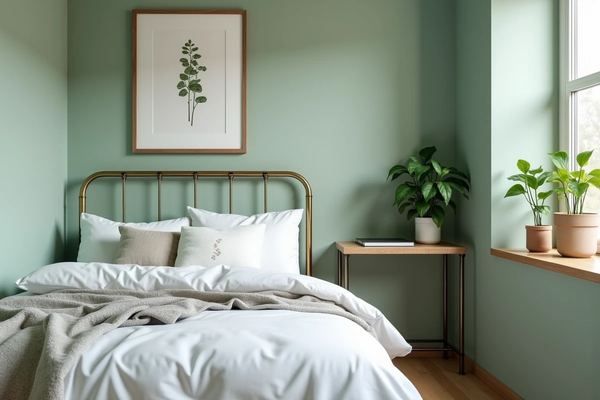 Chambre sombre de petite taille avec murs vert sauge mat, cadre de lit en laiton vieilli et bureau encastré