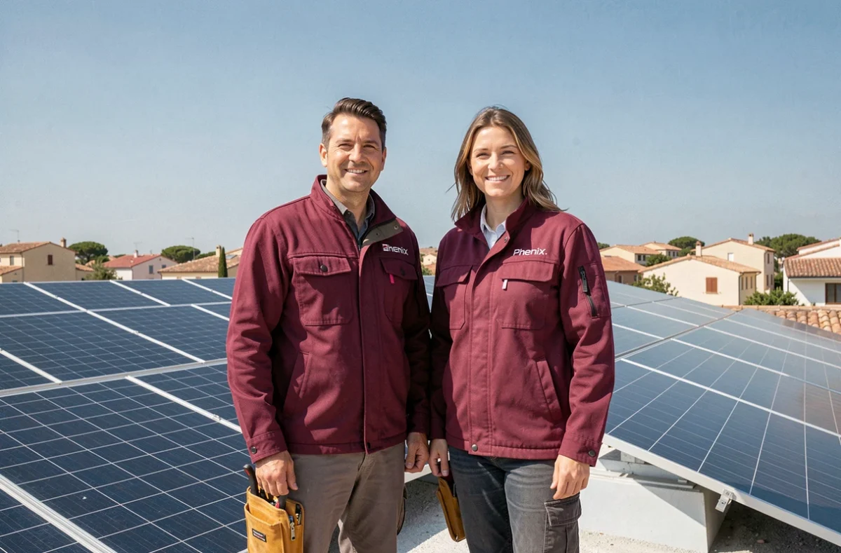 Équipe de Phenix Solar posant fièrement devant une installation de panneaux solaires réalisée dans la banlieue marseillaise