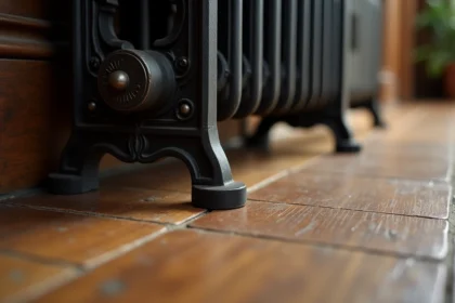 Pied de radiateur en fonte réglable posé sur un vieux parquet en chêne qui travaille, vue rapprochée au sol