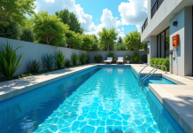 Piscine moderne dans un jardin ensoleille avec eau cristalline