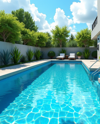 Piscine moderne dans un jardin ensoleille avec eau cristalline