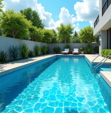Électricité piscine : Quelle consommation pour une piscine ? Piscine moderne dans un jardin ensoleille avec eau cristalline