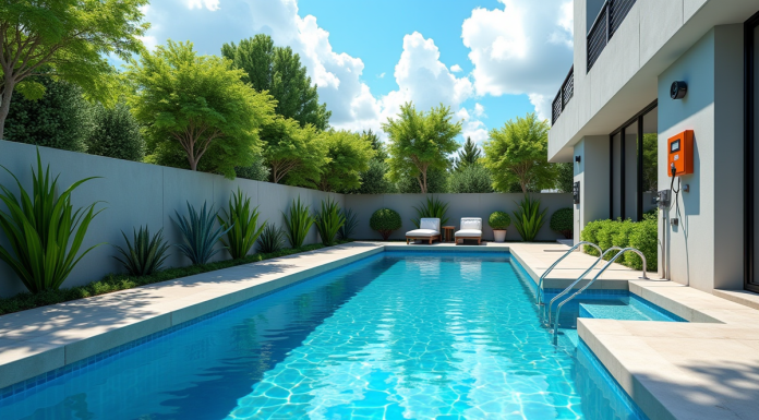 Piscine moderne dans un jardin ensoleille avec eau cristalline