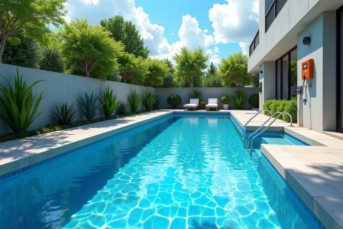 piscine-moderne-ensoleillee Piscine moderne dans un jardin ensoleille avec eau cristalline