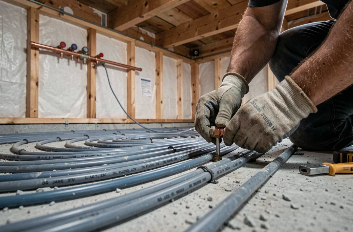 Installation d'un plancher chauffant hydraulique avec tubes PEX et collecteur en cuivre dans un chalet en construction