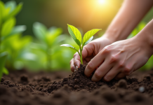 Gros plan de mains plantant un chèvrefeuille dans un sol humide