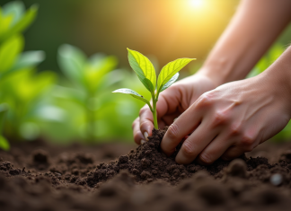Gros plan de mains plantant un chèvrefeuille dans un sol humide