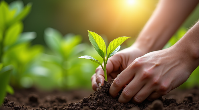 Gros plan de mains plantant un chèvrefeuille dans un sol humide