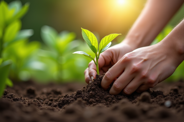 Gros plan de mains plantant un chèvrefeuille dans un sol humide