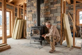 Homme examinant un poêle à bois en fonte dans un chalet de montagne en construction avec murs en pierre brute