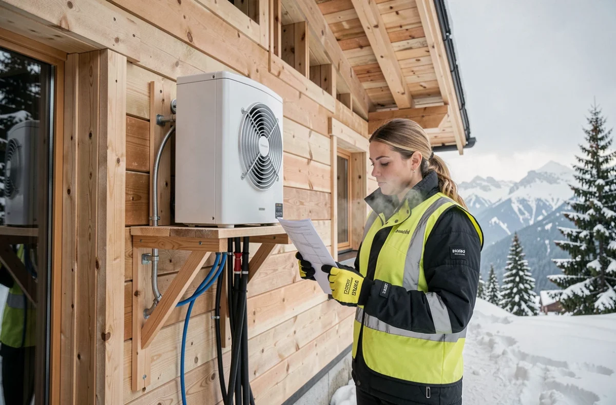 Technicienne installant une pompe à chaleur sur la façade extérieure d'un chalet de montagne en construction sous la neige