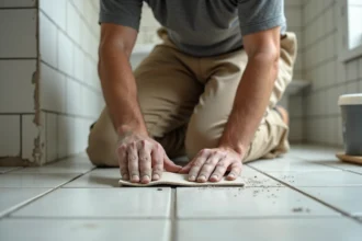 Artisan carreleur ponçant un joint existant au sol avant application d'un joint époxy dans une salle de bain en rénovation