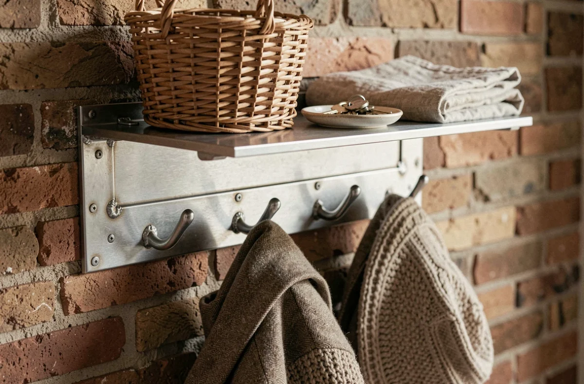 Gros plan d'un porte-manteau mural en acier brossé avec étagère et crochet dans un intérieur style industriel
