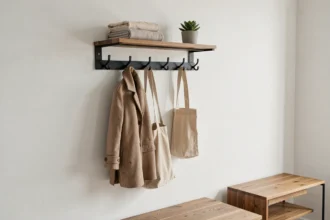 Porte-manteau mural en métal noir avec étagère en bois intégrée dans une entrée moderne et épurée