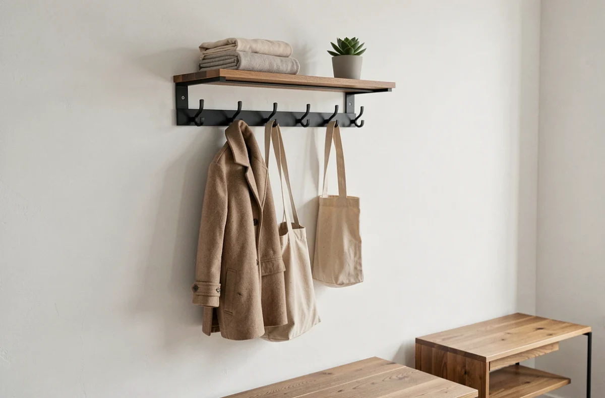 Porte-manteau mural en métal noir avec étagère en bois intégrée dans une entrée moderne et épurée