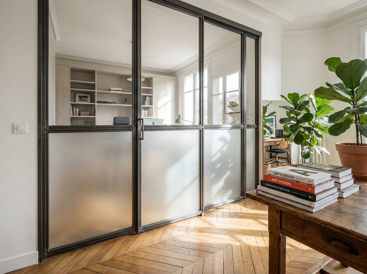 Porte vitrée coulissante en acier et verre dépoli séparant un bureau d'un salon dans un appartement haussmannien