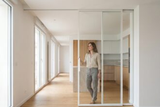 Femme ouvrant une porte vitrée coulissante intérieure dans un appartement moderne lumineux
