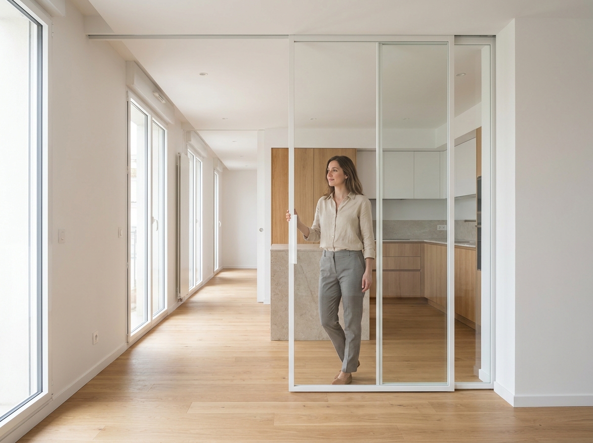 Femme ouvrant une porte vitrée coulissante intérieure dans un appartement moderne lumineux